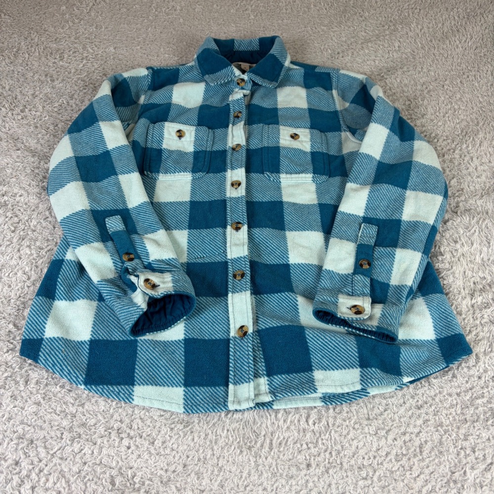 Time and Tru Womens Teal Blue Buffalo Plaid Fleece Button Down Shirt Medium 8-10